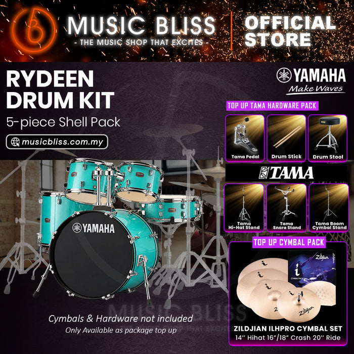 Yamaha Rydeen 5-Piece Acoustic Drum Kit – 22" Bass Drum – Shell Pack Only or Complete Package with Hardware & Cymbals - Turquoise Glitter