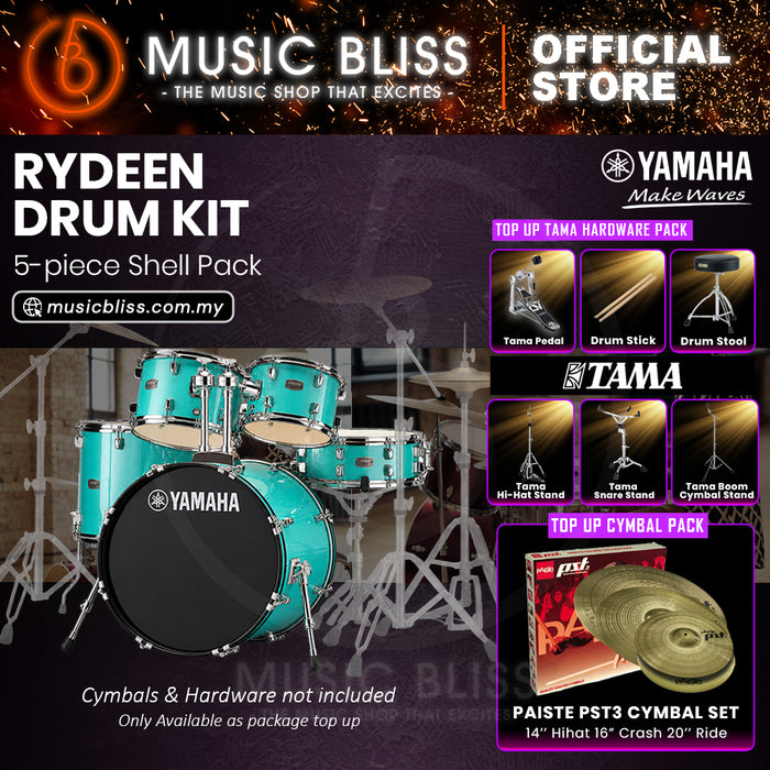 Yamaha Rydeen 5-Piece Acoustic Drum Kit – 22" Bass Drum – Shell Pack Only or Complete Package with Hardware & Cymbals - Turquoise Glitter