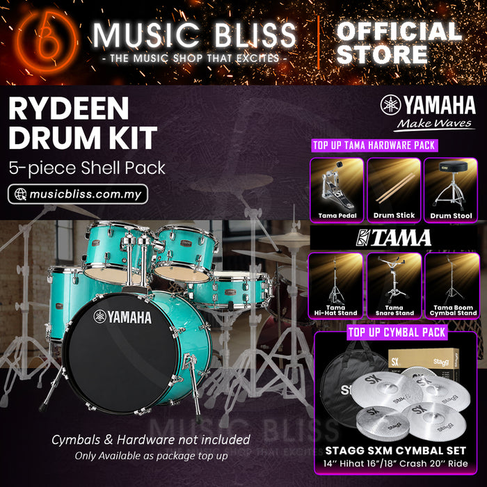Yamaha Rydeen 5-Piece Acoustic Drum Kit – 22" Bass Drum – Shell Pack Only or Complete Package with Hardware & Cymbals - Turquoise Glitter