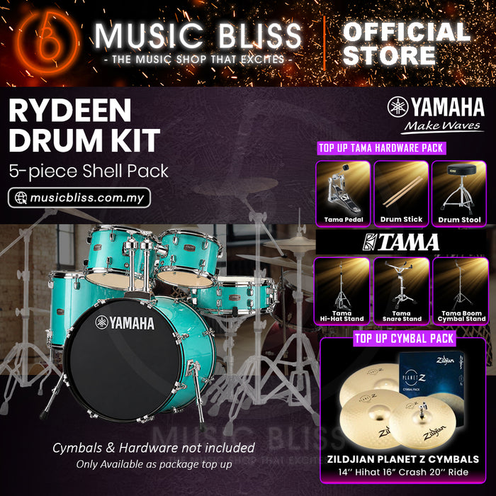 Yamaha Rydeen 5-Piece Acoustic Drum Kit – 22" Bass Drum – Shell Pack Only or Complete Package with Hardware & Cymbals - Turquoise Glitter