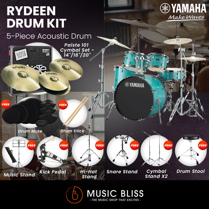 Yamaha Rydeen 5-Piece Acoustic Drum Kit – 22" Bass Drum – Shell Pack Only or Complete Package with Hardware & Cymbals - Turquoise Glitter