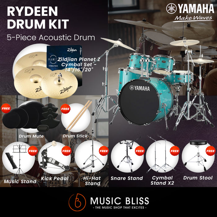 Yamaha Rydeen 5-Piece Acoustic Drum Kit – 22" Bass Drum – Shell Pack Only or Complete Package with Hardware & Cymbals - Turquoise Glitter