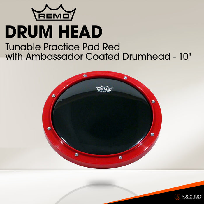 Remo Tunable Practice Pad Red with Ambassador Coated Drumhead - 10"