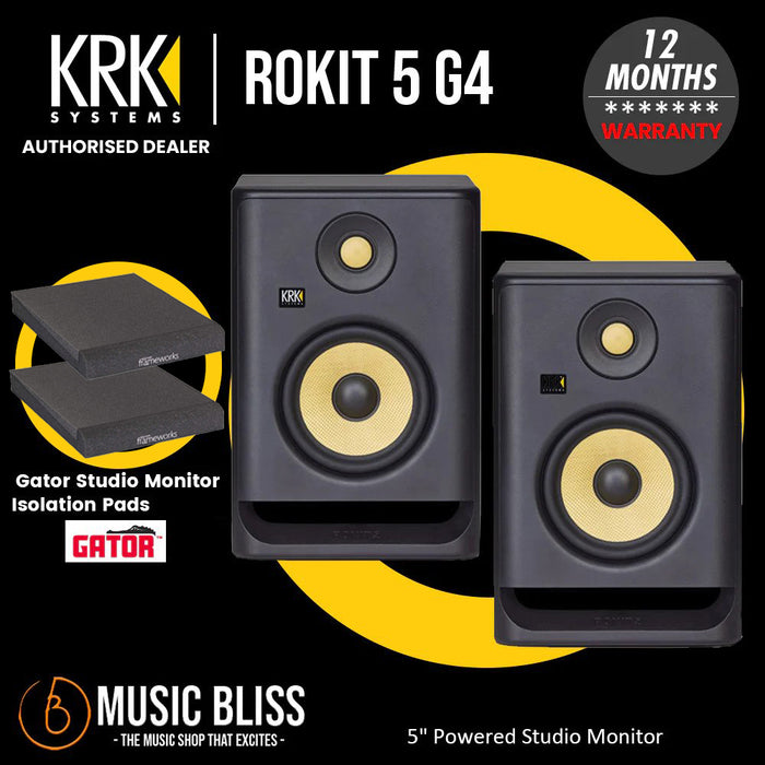 KRK ROKIT 5 G4 5" Powered Studio Monitor with Gator Studio Monitor Isolation Pads - Pair - Music Bliss Malaysia