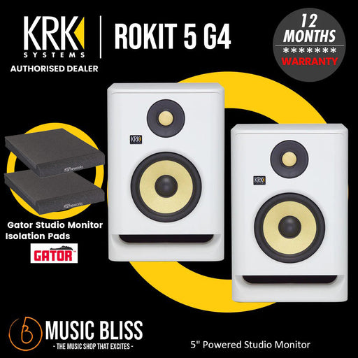 KRK ROKIT 5 G4 5" Powered Studio Monitor with Gator Studio Monitor Isolation Pads - White Noise Finish, Pair - Music Bliss Malaysia