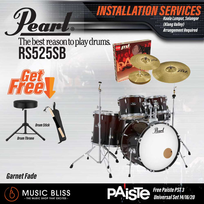 Pearl Roadshow 5-piece Drum Set with Drumstick and Throne - 22" Kick - Garnet Fade - Music Bliss Malaysia