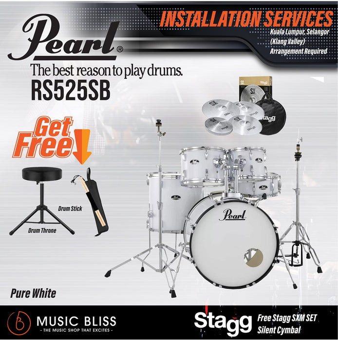Pearl Roadshow 5-piece Drum Set with Drumstick and Throne - 22" Kick - Pure White - Music Bliss Malaysia