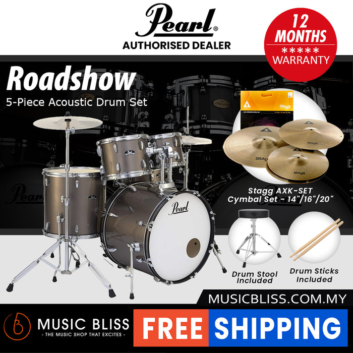 Pearl Roadshow 5-piece Drum Set with Drumstick and Throne - 22 Inch Bass Drum - Bronze Metallic