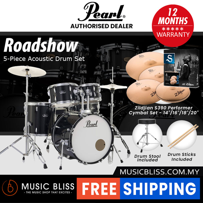 Pearl Roadshow 5-piece Drum Set with Drumstick and Throne - 22 Inch Bass Drum - Jet Black