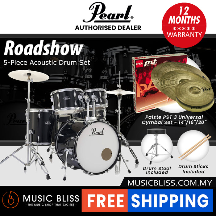 Pearl Roadshow 5-piece Drum Set with Drumstick and Throne - 22 Inch Bass Drum - Jet Black