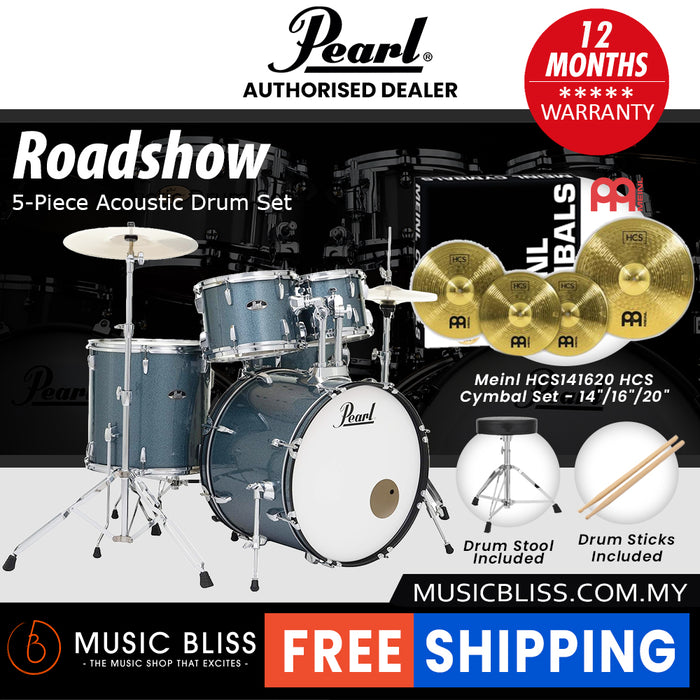 Pearl Roadshow 5-piece Drum Set with Drumstick and Throne - 22 Inch Bass Drum - Aqua Blue Glitter