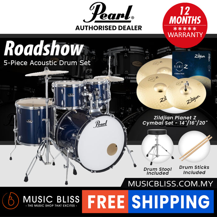Pearl Roadshow 5-piece Drum Set with Drumstick and Throne - 22 Inch Bass Drum - Royal Blue Metallic