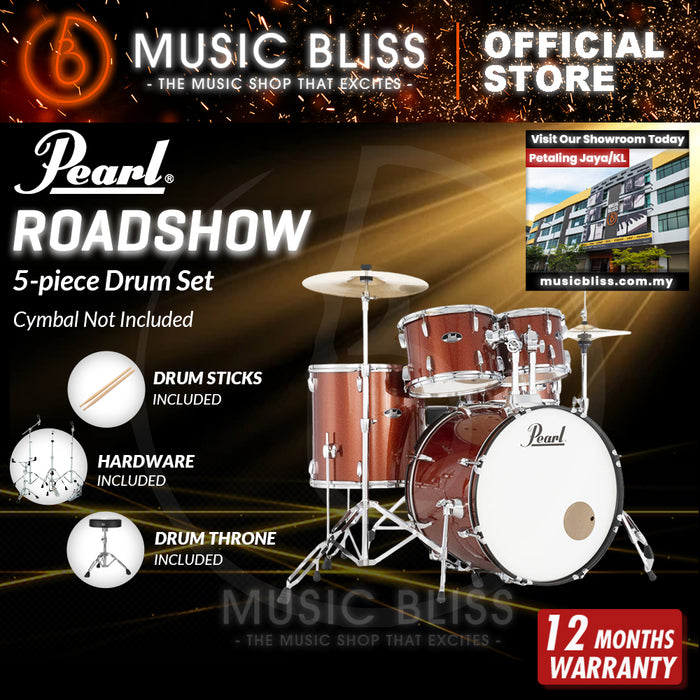 Pearl Roadshow 5-piece Drum Set with Drumstick and Throne - 22 Inch Bass Drum - Burnt Orange Sparkle