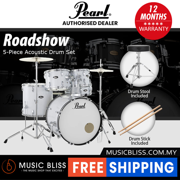 Pearl Roadshow 5-piece Drum Set with Drumstick and Throne - 22 Inch Bass Drum - Pure White