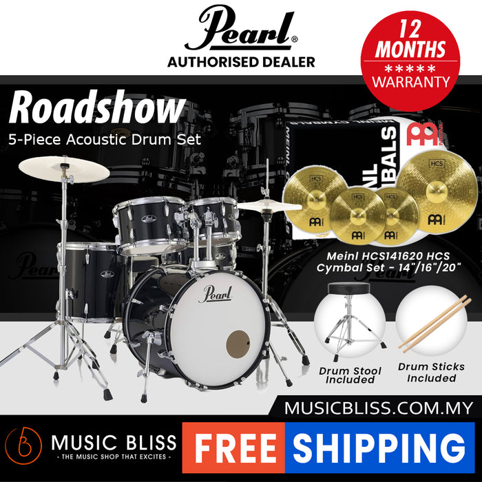 Pearl Roadshow 5-piece Drum Set with Drumstick and Throne - 22 Inch Bass Drum - Jet Black