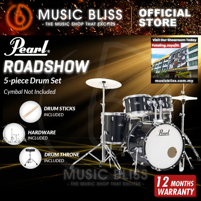 Pearl Roadshow 5-piece Drum Set with Drumstick and Throne - 22 Inch Bass Drum - Jet Black