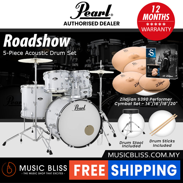 Pearl Roadshow 5-piece Drum Set with Drumstick and Throne - 22 Inch Bass Drum - Pure White