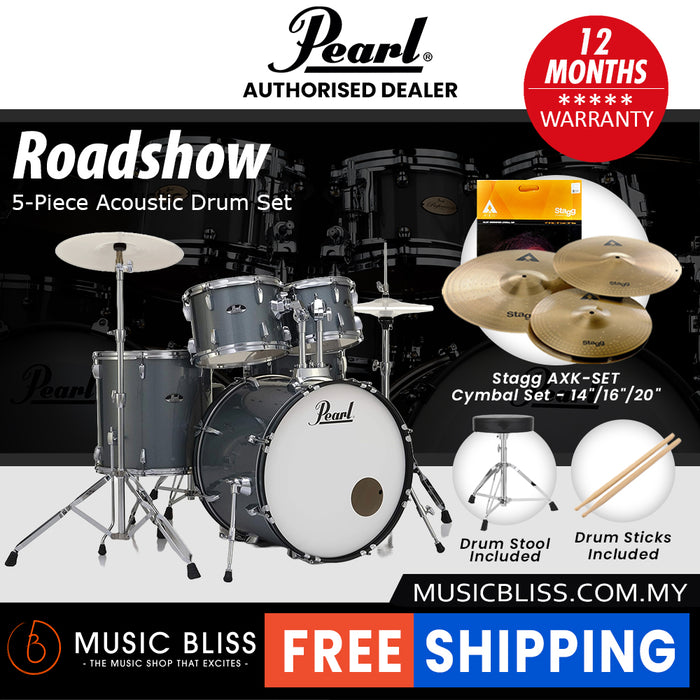 Pearl Roadshow 5-piece Drum Set with Drumstick and Throne - 22 Inch Bass Drum - Charcoal Metallic