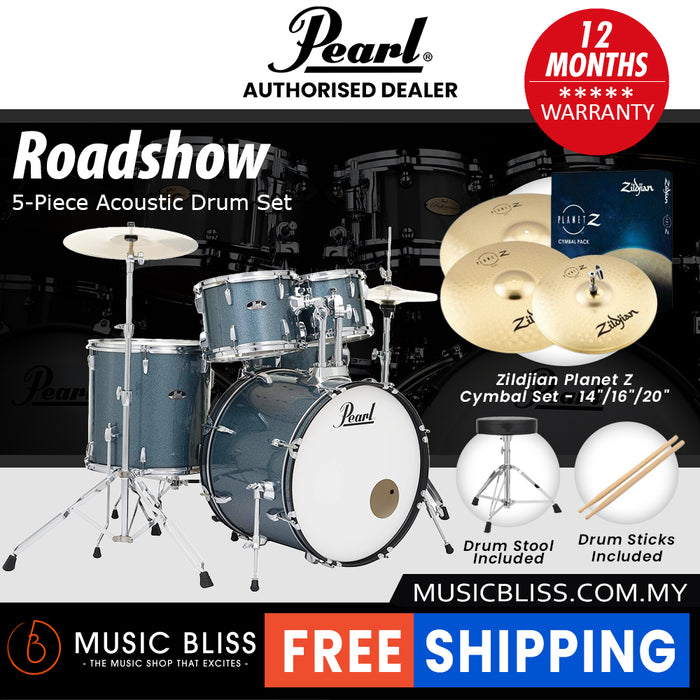 Pearl Roadshow 5-piece Drum Set with Drumstick and Throne - 22 Inch Bass Drum - Aqua Blue Glitter
