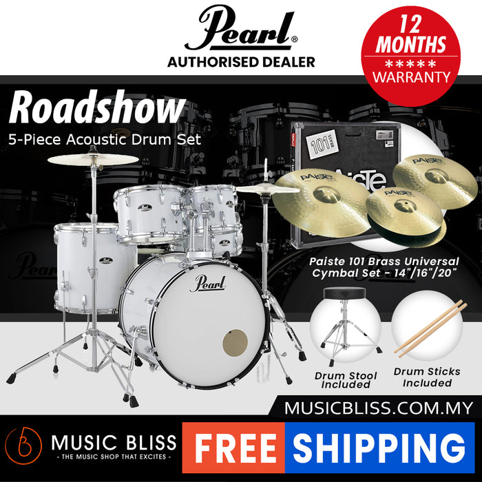 Pearl Roadshow 5-piece Drum Set with Drumstick and Throne - 22 Inch Bass Drum - Pure White