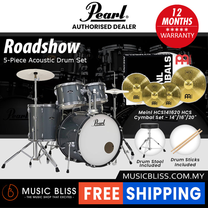 Pearl Roadshow 5-piece Drum Set with Drumstick and Throne - 22 Inch Bass Drum - Charcoal Metallic