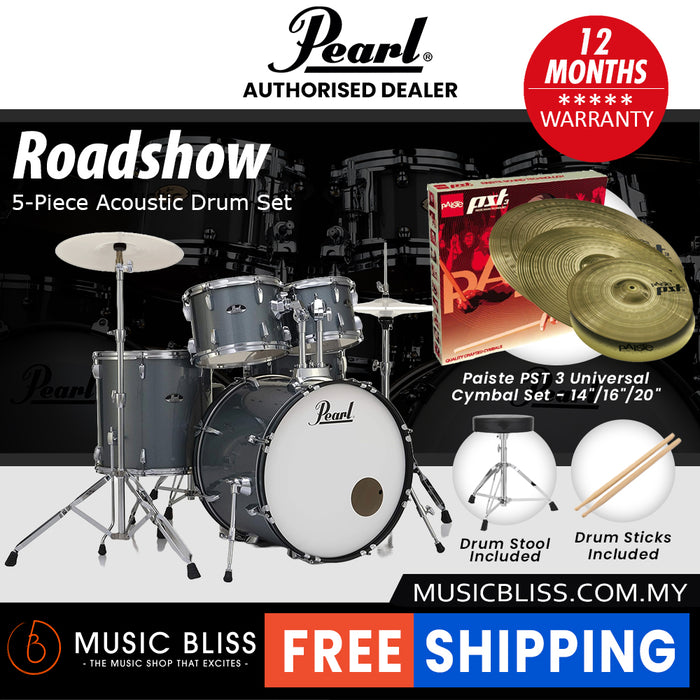Pearl Roadshow 5-piece Drum Set with Drumstick and Throne - 22 Inch Bass Drum - Charcoal Metallic