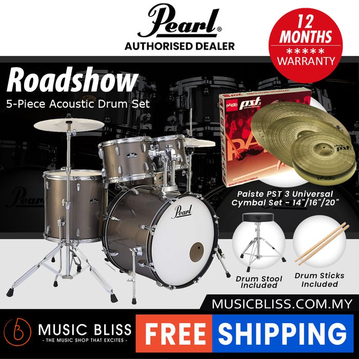 Pearl Roadshow 5-piece Drum Set with Drumstick and Throne - 22 Inch Bass Drum - Bronze Metallic