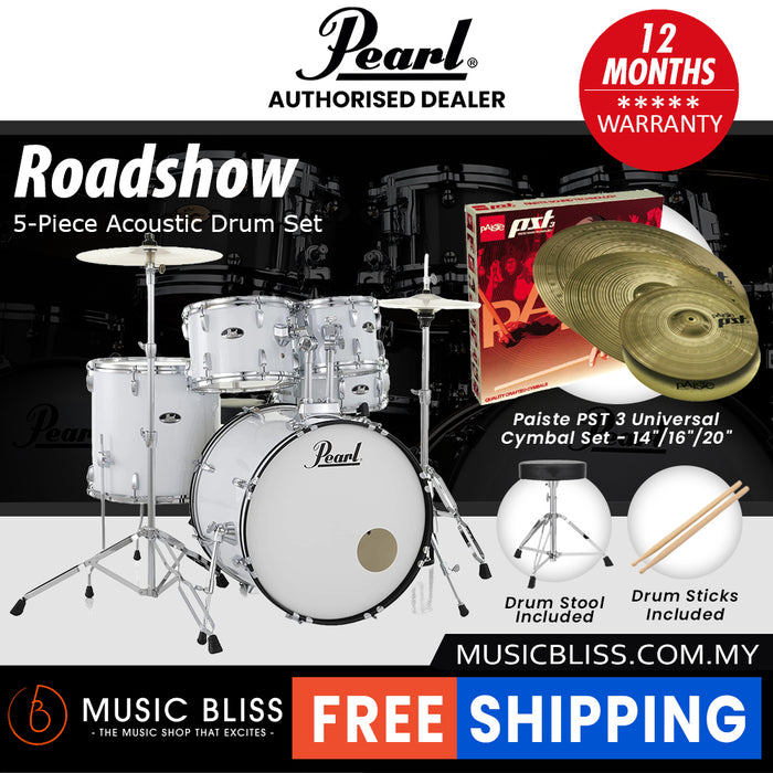 Pearl Roadshow 5-piece Drum Set with Drumstick and Throne - 22 Inch Bass Drum - Pure White