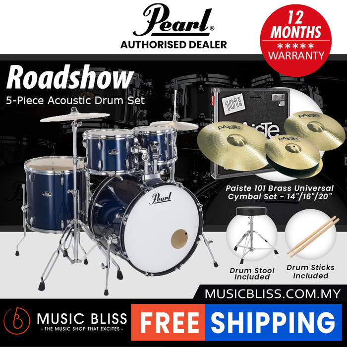 Pearl Roadshow 5-piece Drum Set with Drumstick and Throne - 22 Inch Bass Drum - Royal Blue Metallic