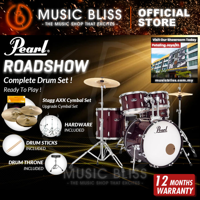 Pearl Roadshow 5-piece Drum Set with Drumstick and Throne - 22 Inch Bass Drum - Wine Red
