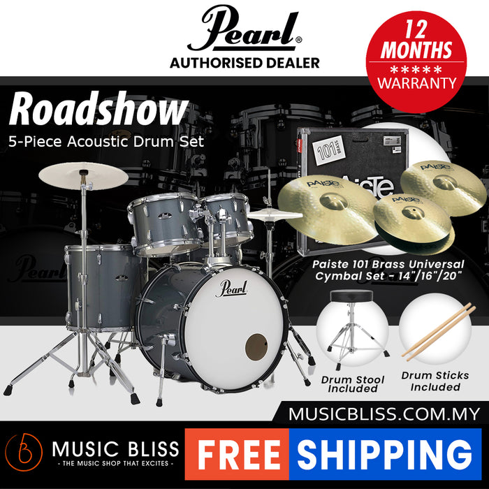 Pearl Roadshow 5-piece Drum Set with Drumstick and Throne - 22 Inch Bass Drum - Charcoal Metallic