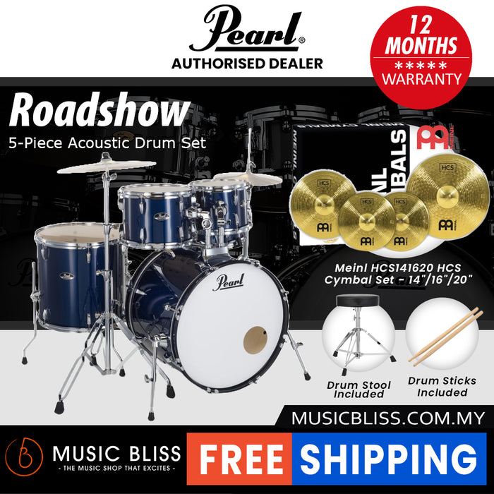 Pearl Roadshow 5-piece Drum Set with Drumstick and Throne - 22 Inch Bass Drum - Royal Blue Metallic
