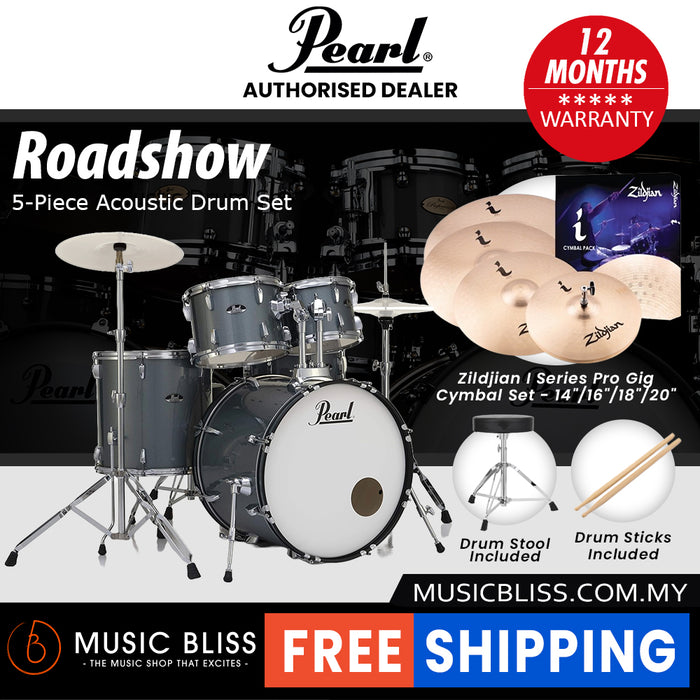 Pearl Roadshow 5-piece Drum Set with Drumstick and Throne - 22 Inch Bass Drum - Charcoal Metallic