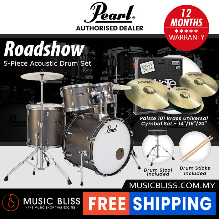 Pearl Roadshow 5-piece Drum Set with Drumstick and Throne - 22 Inch Bass Drum - Bronze Metallic