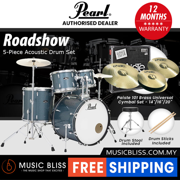 Pearl Roadshow 5-piece Drum Set with Drumstick and Throne - 22 Inch Bass Drum - Aqua Blue Glitter