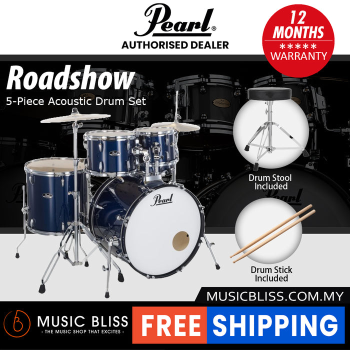 Pearl Roadshow 5-piece Drum Set with Drumstick and Throne - 22 Inch Bass Drum - Royal Blue Metallic