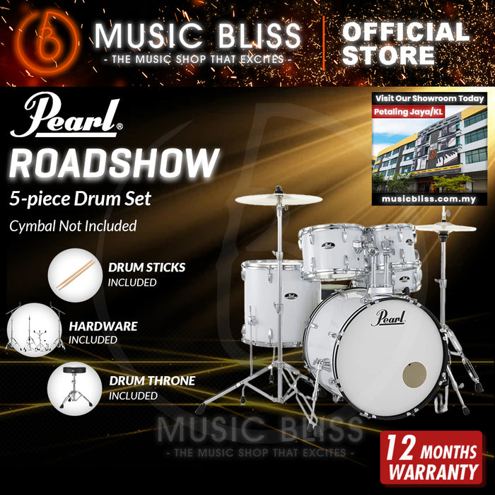 Pearl Roadshow 5-piece Drum Set with Drumstick and Throne - 22 Inch Bass Drum - Pure White