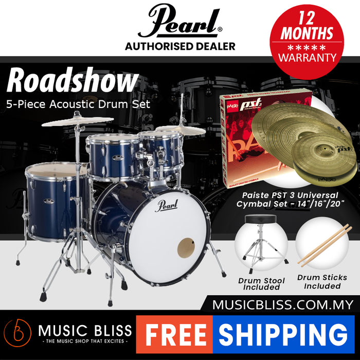 Pearl Roadshow 5-piece Drum Set with Drumstick and Throne - 22 Inch Bass Drum - Royal Blue Metallic