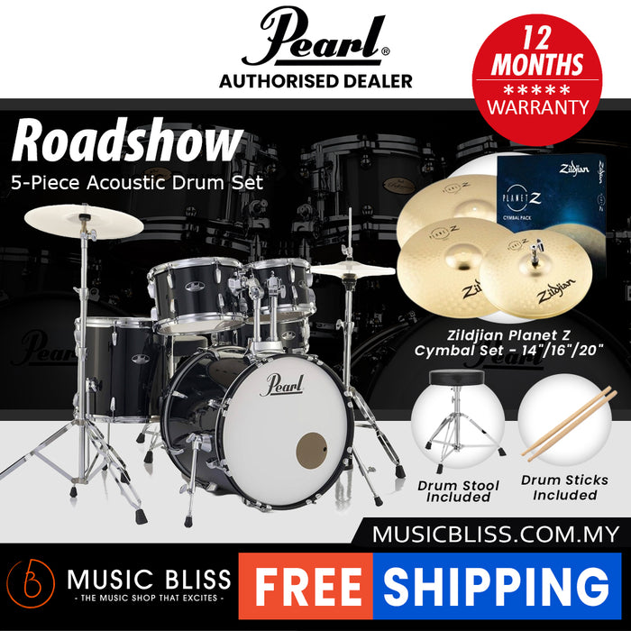 Pearl Roadshow 5-piece Drum Set with Drumstick and Throne - 22 Inch Bass Drum - Jet Black