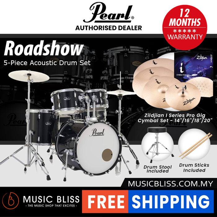 Pearl Roadshow 5-piece Drum Set with Drumstick and Throne - 22 Inch Bass Drum - Jet Black