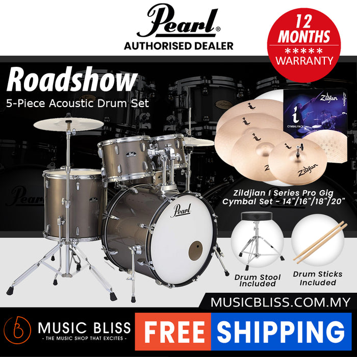 Pearl Roadshow 5-piece Drum Set with Drumstick and Throne - 22 Inch Bass Drum - Bronze Metallic
