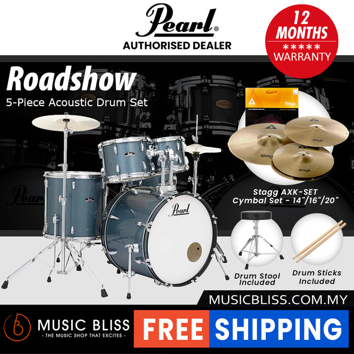 Pearl Roadshow 5-piece Drum Set with Drumstick and Throne - 22 Inch Bass Drum - Aqua Blue Glitter