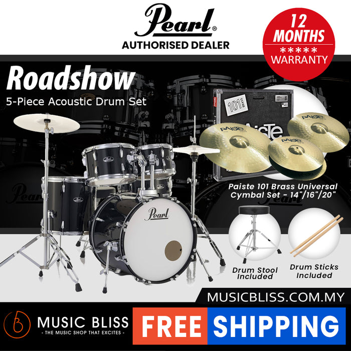 Pearl Roadshow 5-piece Drum Set with Drumstick and Throne - 22 Inch Bass Drum - Jet Black
