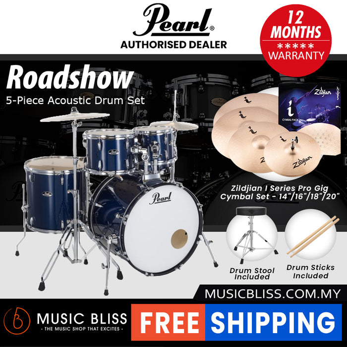 Pearl Roadshow 5-piece Drum Set with Drumstick and Throne - 22 Inch Bass Drum - Royal Blue Metallic