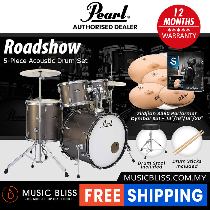 Pearl Roadshow 5-piece Drum Set with Drumstick and Throne - 22 Inch Bass Drum - Bronze Metallic
