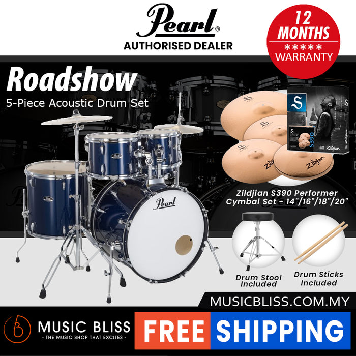 Pearl Roadshow 5-piece Drum Set with Drumstick and Throne - 22 Inch Bass Drum - Royal Blue Metallic