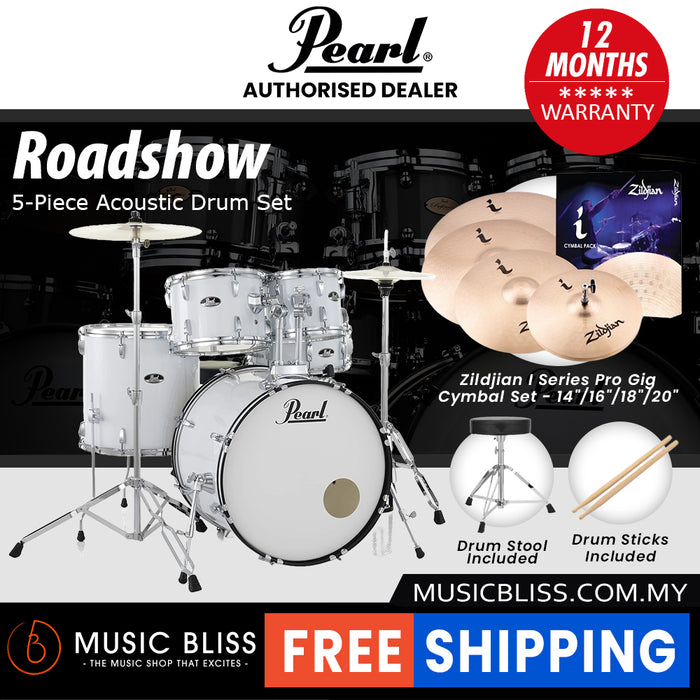 Pearl Roadshow 5-piece Drum Set with Drumstick and Throne - 22 Inch Bass Drum - Pure White