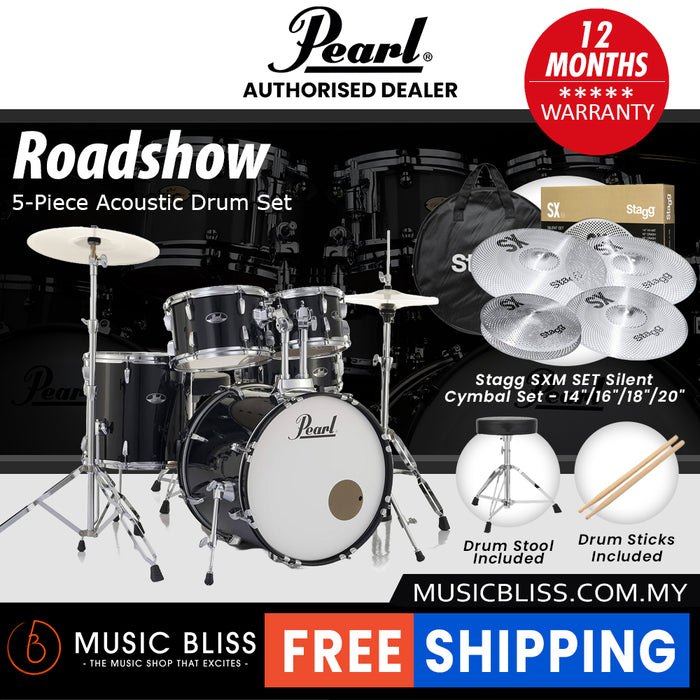 Pearl Roadshow 5-piece Drum Set with Drumstick and Throne - 22 Inch Bass Drum - Jet Black