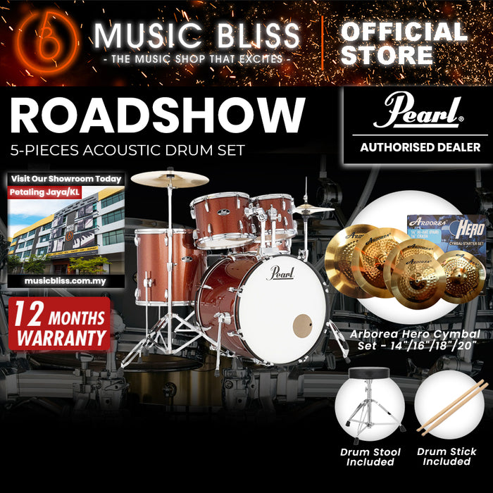 Pearl Roadshow 5-piece Drum Set with Drumstick and Throne - 22 Inch Bass Drum - Burnt Orange Sparkle