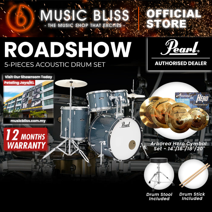 Pearl Roadshow 5-piece Drum Set with Drumstick and Throne - 22 Inch Bass Drum - Aqua Blue Glitter